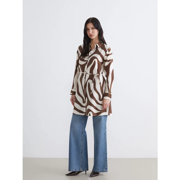 LCW EVERYDAY Kahverengi Desenli Kuşaklı Kadın Gömlek Tunik