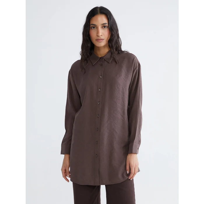 LCW Modest Kahverengi Oversize Modal Karışımlı Kadın Gömlek Tunik