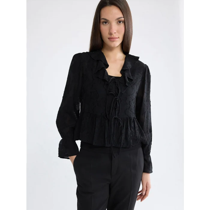 LCW EVERYDAY Siyah V Yaka Desenli Fırfırlı Bluz