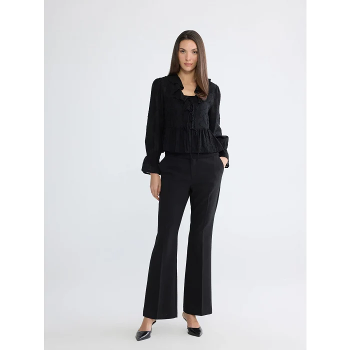 LCW EVERYDAY Siyah V Yaka Desenli Fırfırlı Bluz