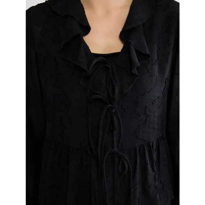 LCW EVERYDAY Siyah V Yaka Desenli Fırfırlı Bluz