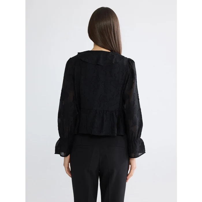 LCW EVERYDAY Siyah V Yaka Desenli Fırfırlı Bluz