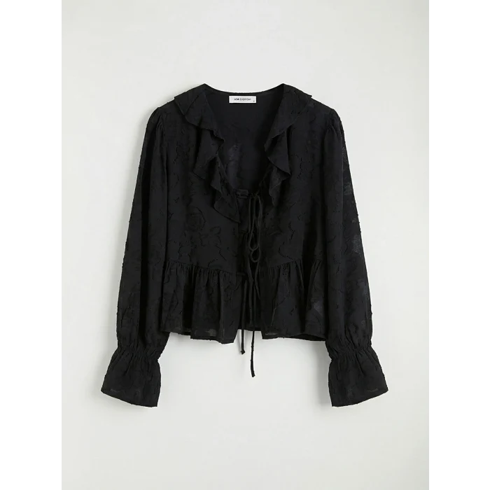 LCW EVERYDAY Siyah V Yaka Desenli Fırfırlı Bluz