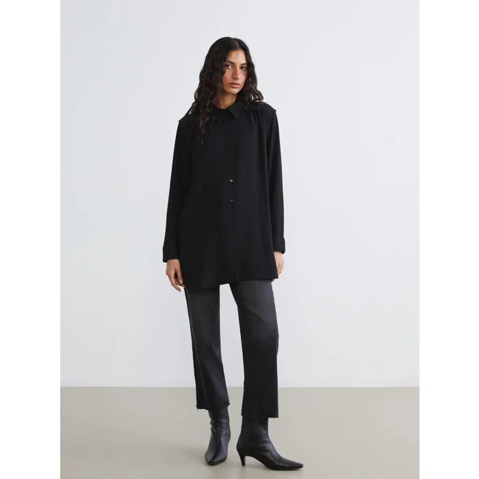 LCW Modest Siyah Büzgülü Oversize Kadın Gömlek Tunik