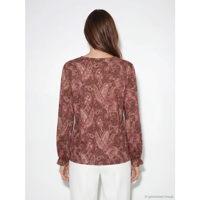 LCW Grace Kahverengi Bisiklet Yaka Desenli Bluz