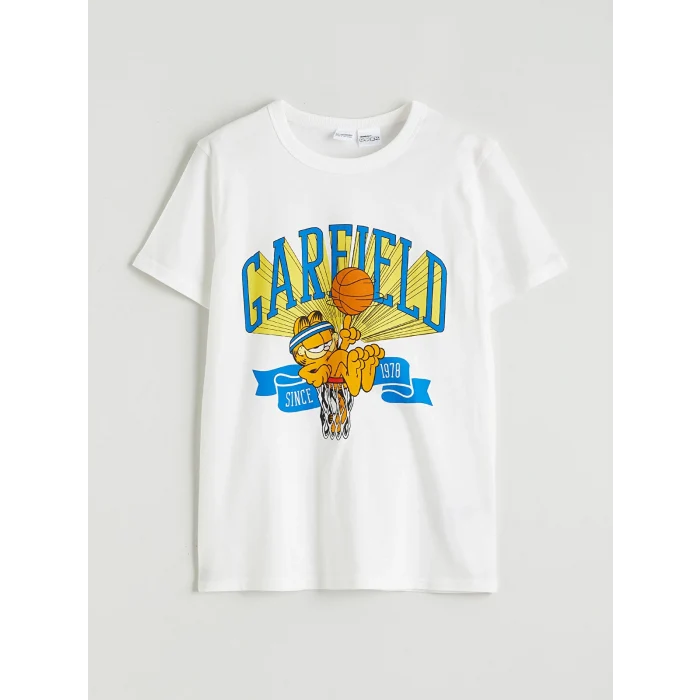 LCW Kids Ekru Bisiklet Yaka Garfield Baskılı Erkek Çocuk Tişört