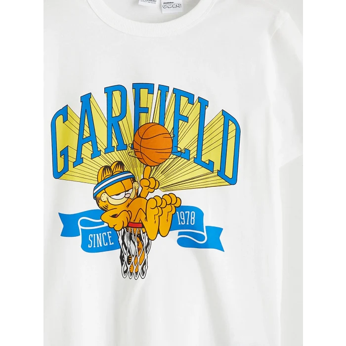 LCW Kids Ekru Bisiklet Yaka Garfield Baskılı Erkek Çocuk Tişört