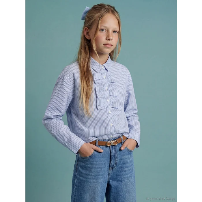 LCW Kids Mavi Fiyonk Detaylı Kız Çocuk Poplin Gömlek