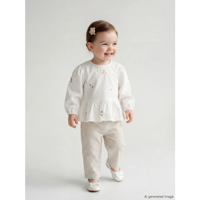 LCW baby Ekru Bisiklet Yaka Kız Bebek Bluz ve Pantolon