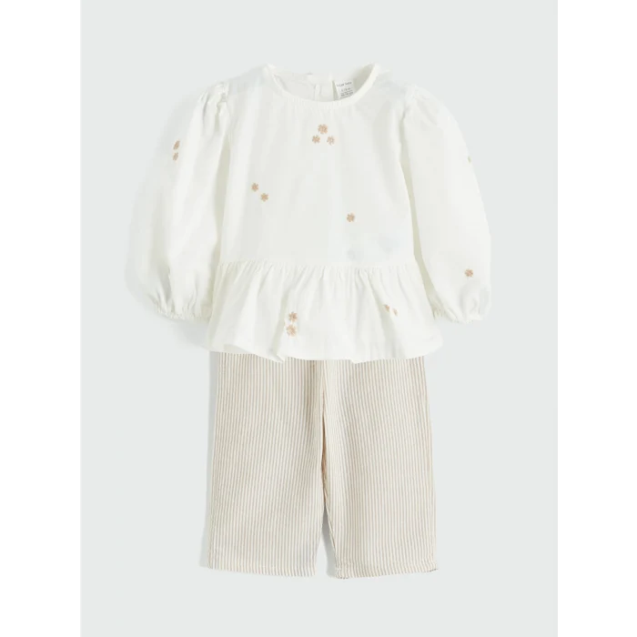 LCW baby Ekru Bisiklet Yaka Kız Bebek Bluz ve Pantolon