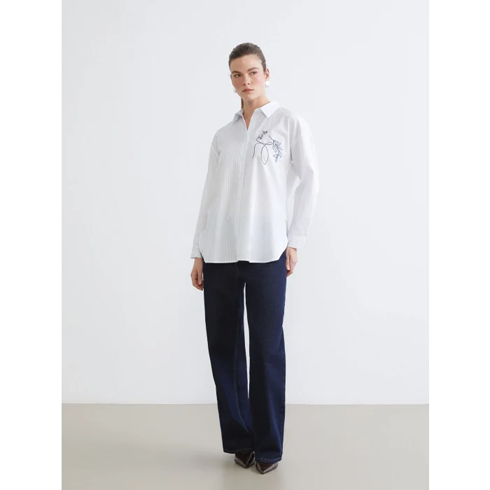 LCW Comfort Mavi Çizgili Kadın Poplin Gömlek