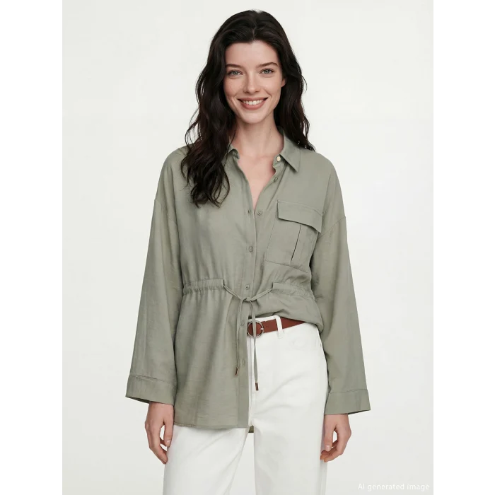 LCW Comfort Yeşil Bağlama Detaylı Büzgülü Kadın Gömlek