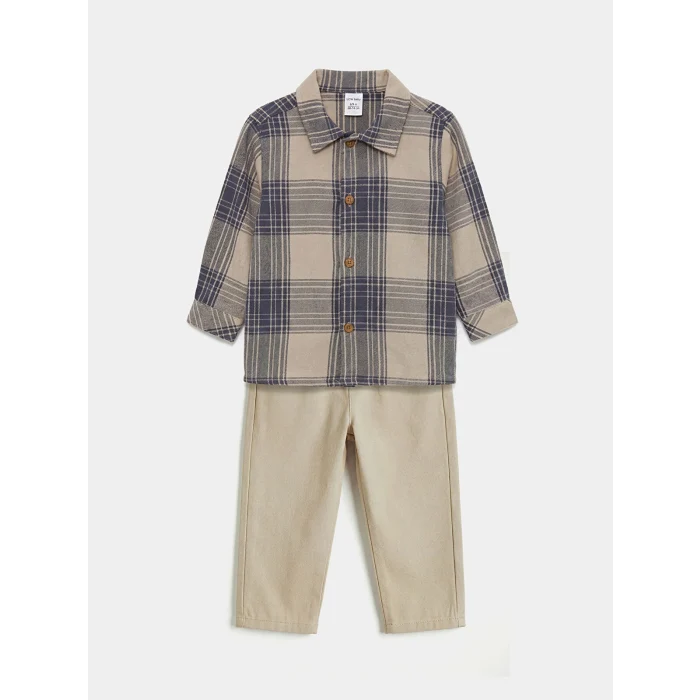 LCW baby Bej Uzun Kollu Erkek Bebek Gömlek Ve Pantolon
