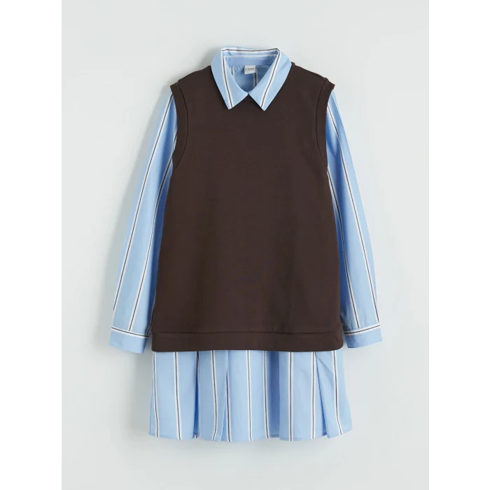 LCW Kids Mavi Bisiklet Yaka Çizgili Kız Çocuk Elbise ve Atlet