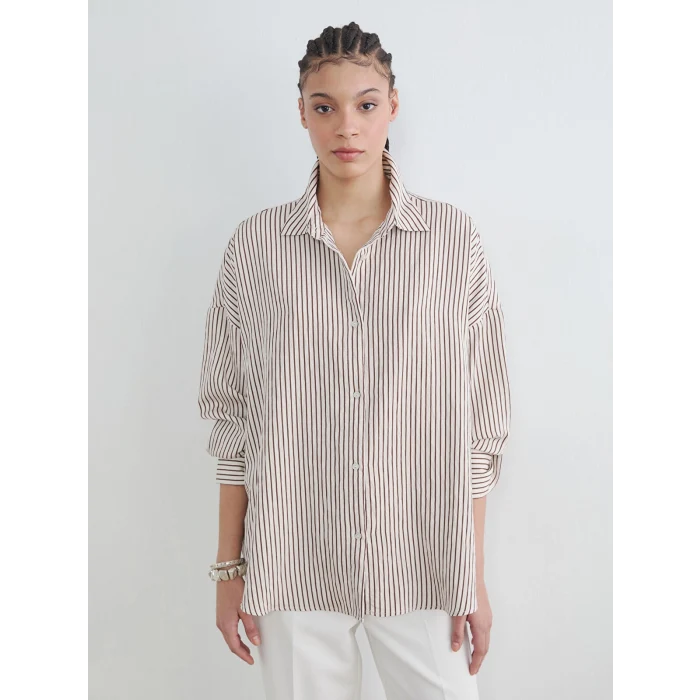 LCW Vision Kahverengi Çizgili Oversize Kadın Gömlek