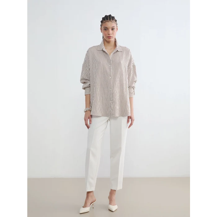LCW Vision Kahverengi Çizgili Oversize Kadın Gömlek