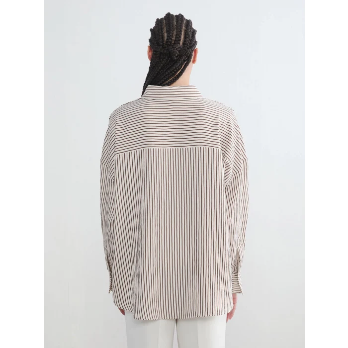 LCW Vision Kahverengi Çizgili Oversize Kadın Gömlek