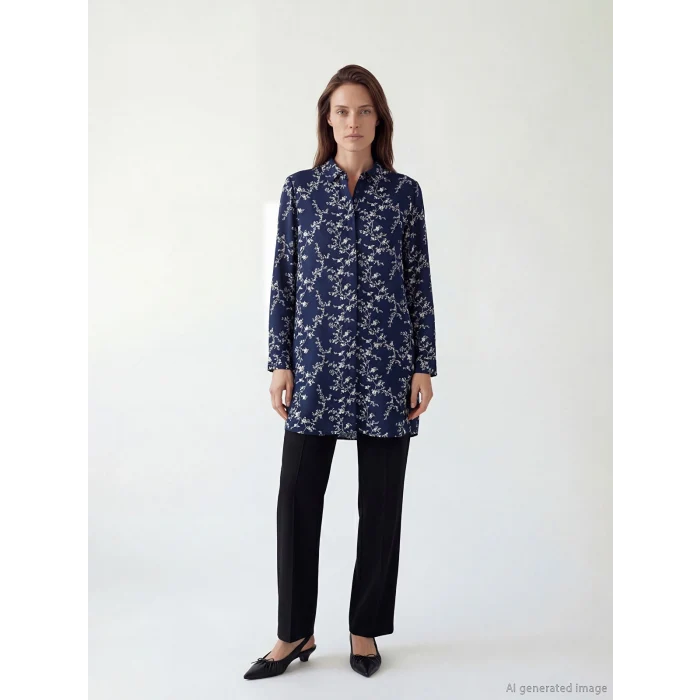 LCW Grace Lacivert Çiçekli Kadın Gömlek Tunik
