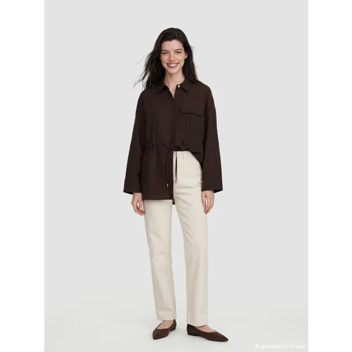 LCW Comfort Kahverengi Bağlama Detaylı Büzgülü Kadın Gömlek
