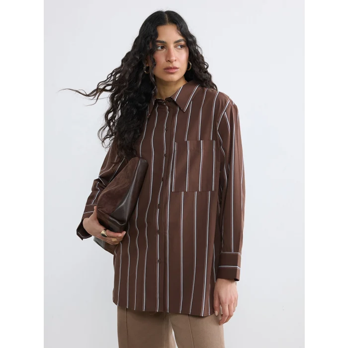 LCW Modest Kahverengi Çizgili Poplin Kadın Gömlek Tunik