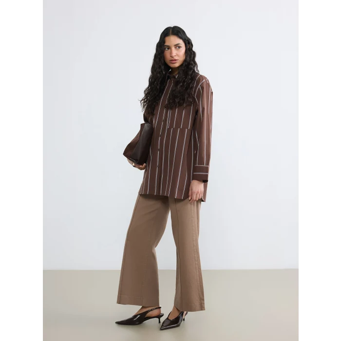 LCW Modest Kahverengi Çizgili Poplin Kadın Gömlek Tunik