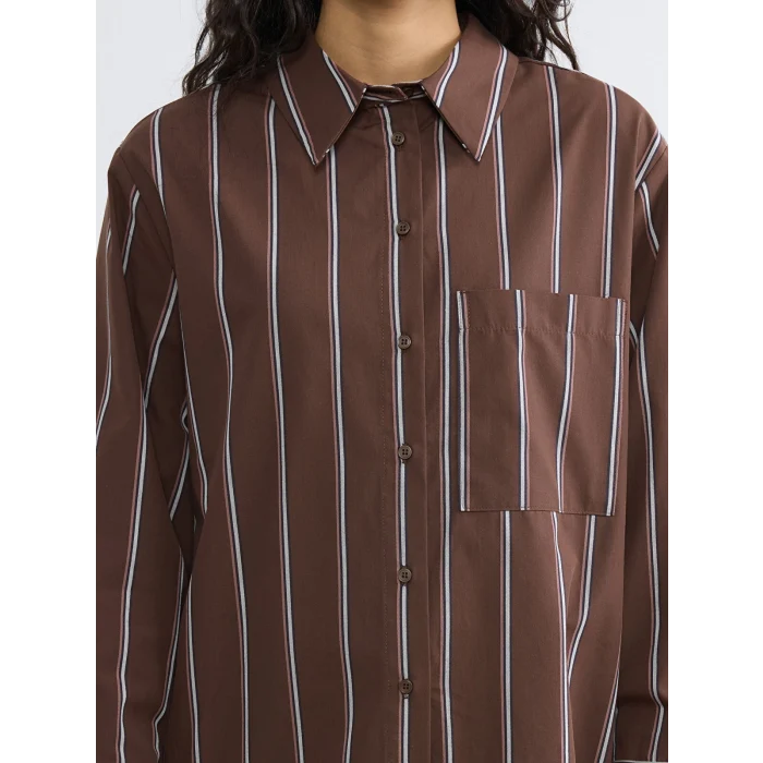 LCW Modest Kahverengi Çizgili Poplin Kadın Gömlek Tunik