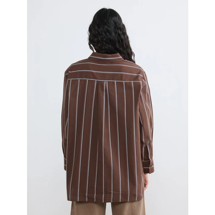 LCW Modest Kahverengi Çizgili Poplin Kadın Gömlek Tunik