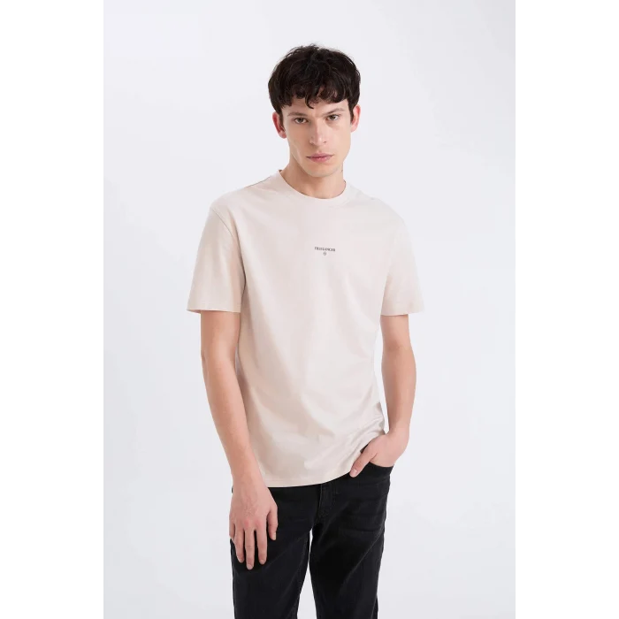 Defacto D5559AXBG802 Bej %100 Pamuk Regular Fit Bisiklet Yaka Baskılı Kısa Kollu Tişört