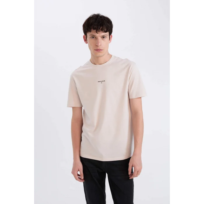Defacto D5559AXBG802 Bej %100 Pamuk Regular Fit Bisiklet Yaka Baskılı Kısa Kollu Tişört