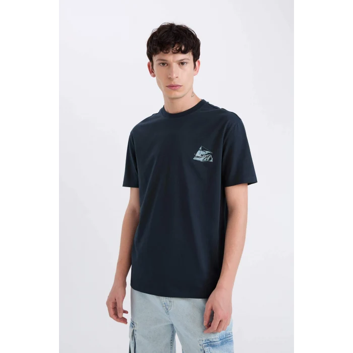 Defacto D9352AXNV163 Lacivert %100 Pamuk Regular Fit Bisiklet Yaka Baskılı Kısa Kollu Tişört