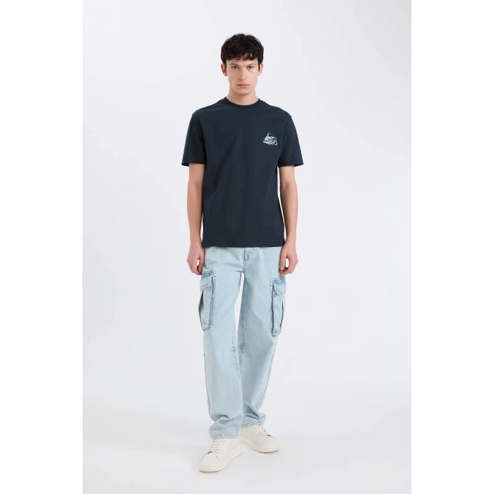 Defacto D9352AXNV163 Lacivert %100 Pamuk Regular Fit Bisiklet Yaka Baskılı Kısa Kollu Tişört