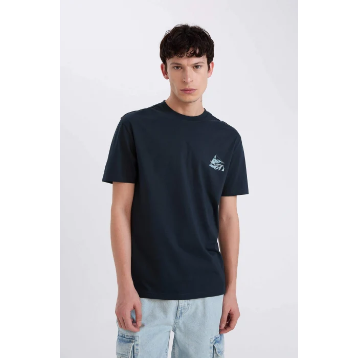 Defacto D9352AXNV163 Lacivert %100 Pamuk Regular Fit Bisiklet Yaka Baskılı Kısa Kollu Tişört