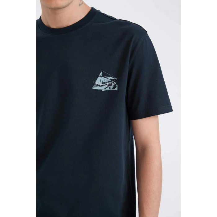 Defacto D9352AXNV163 Lacivert %100 Pamuk Regular Fit Bisiklet Yaka Baskılı Kısa Kollu Tişört