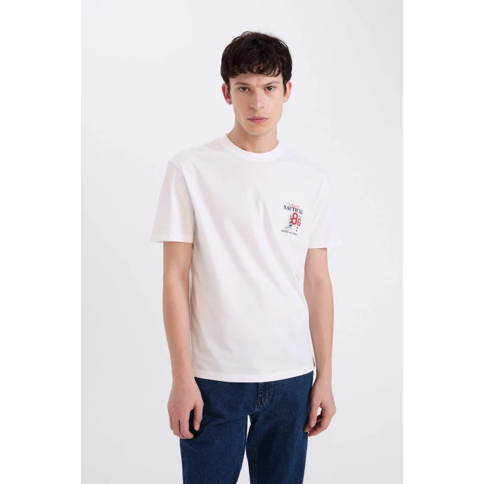 Defacto D9357AXWT34 Beyaz %100 Pamuk Regular Fit Bisiklet Yaka Baskılı Kısa Kollu Tişört