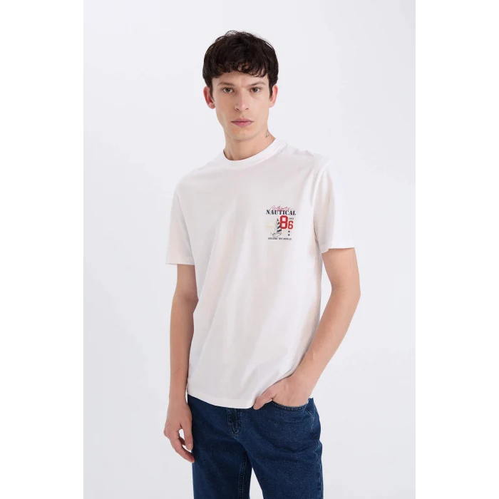 Defacto D9357AXWT34 Beyaz %100 Pamuk Regular Fit Bisiklet Yaka Baskılı Kısa Kollu Tişört