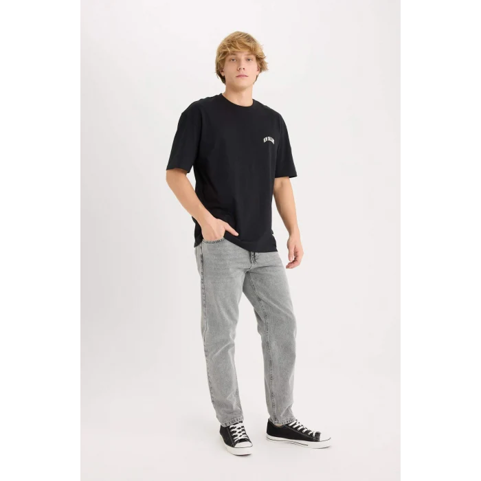 Defacto D5568AXBK81 Siyah %100 Pamuk Boxy Fit Bisiklet Yaka Baskılı Kısa Kollu Tişört