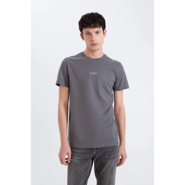 Defacto D5565AXAR58 Antrasit %100 Pamuk Slim Fit Dar Kesim Bisiklet Yaka Baskılı Kısa Kollu Tişört