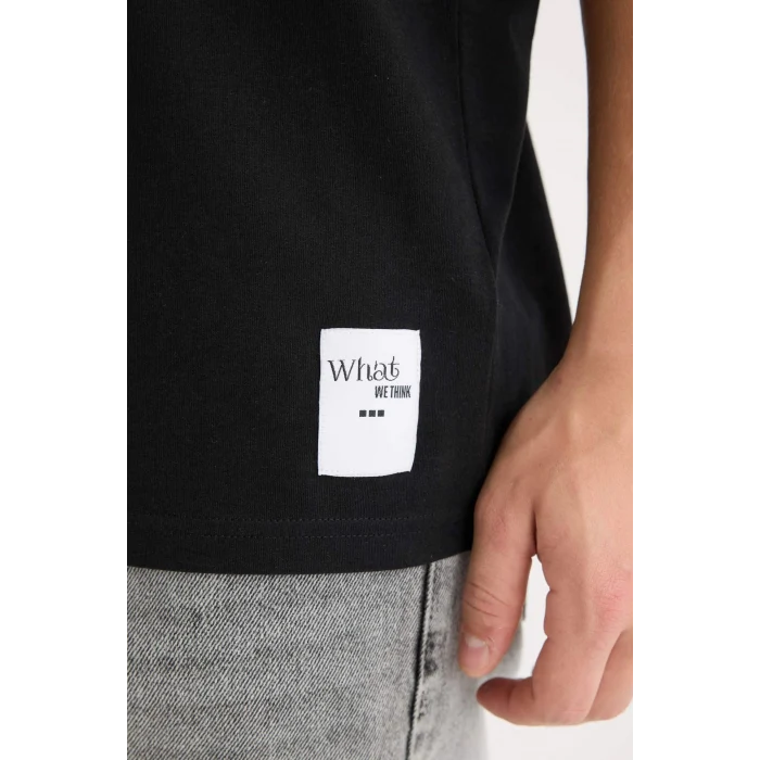 Defacto D5568AXBK81 Siyah %100 Pamuk Boxy Fit Bisiklet Yaka Baskılı Kısa Kollu Tişört