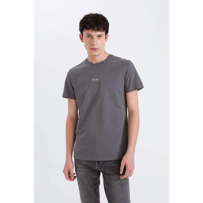 Defacto D5565AXAR58 Antrasit %100 Pamuk Slim Fit Dar Kesim Bisiklet Yaka Baskılı Kısa Kollu Tişört