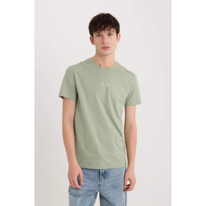 Defacto D5566AXGN1107 Yeşil %100 Pamuk Slim Fit Dar Kesim Bisiklet Yaka Baskılı Kısa Kollu Tişört