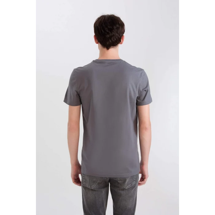 Defacto D5565AXAR58 Antrasit %100 Pamuk Slim Fit Dar Kesim Bisiklet Yaka Baskılı Kısa Kollu Tişört