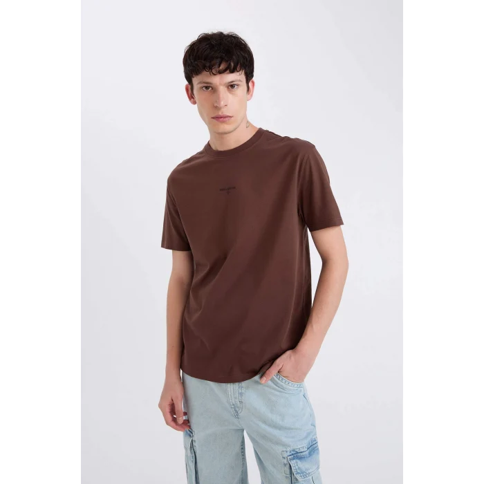 Defacto D5559AXBN497 Kahve %100 Pamuk Regular Fit Bisiklet Yaka Baskılı Kısa Kollu Tişört