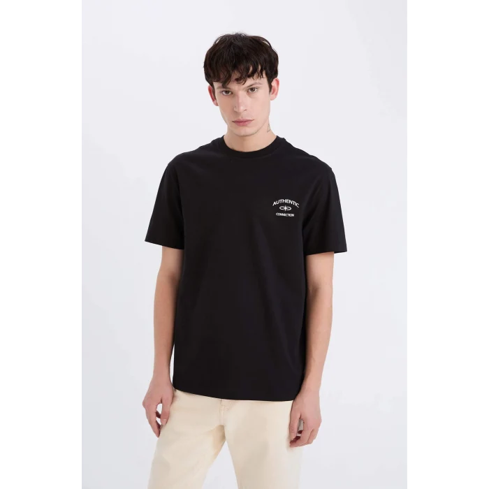 Defacto D5561AXBK81 Siyah %100 Pamuk Regular Fit Bisiklet Yaka Baskılı Kısa Kollu Tişört