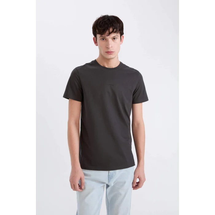 Defacto D5566AXAR221 Antrasit %100 Pamuk Slim Fit Dar Kesim Bisiklet Yaka Baskılı Kısa Kollu Tişört