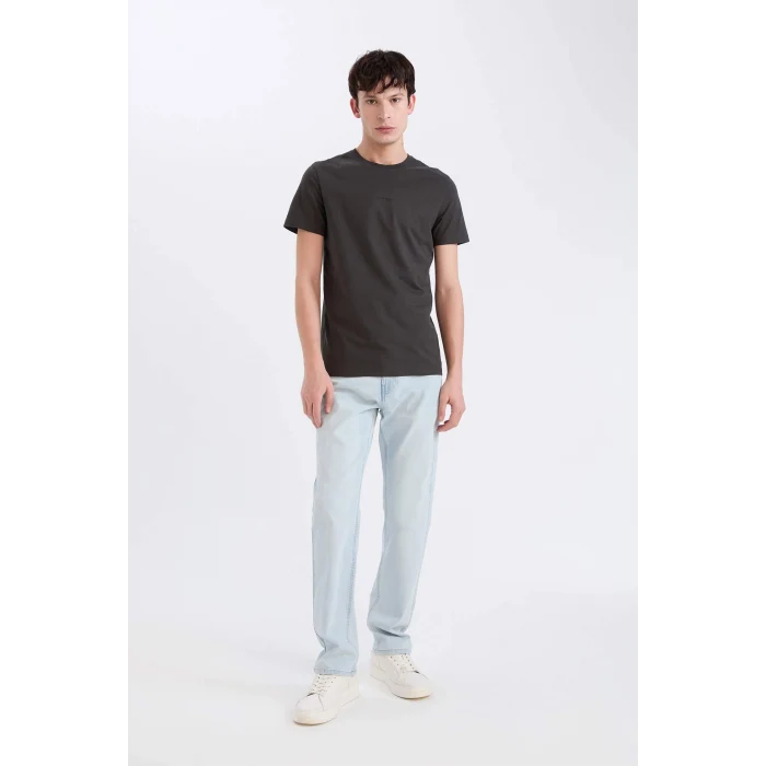 Defacto D5566AXAR221 Antrasit %100 Pamuk Slim Fit Dar Kesim Bisiklet Yaka Baskılı Kısa Kollu Tişört