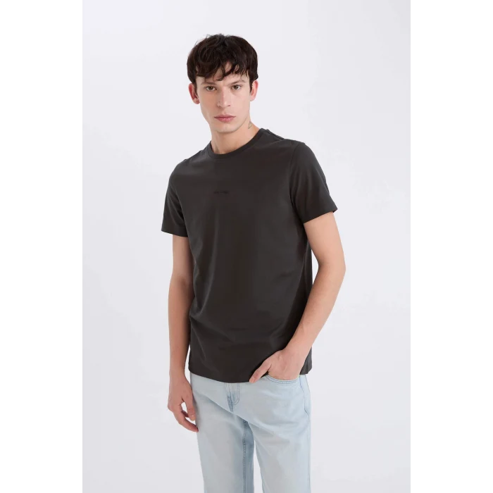 Defacto D5566AXAR221 Antrasit %100 Pamuk Slim Fit Dar Kesim Bisiklet Yaka Baskılı Kısa Kollu Tişört