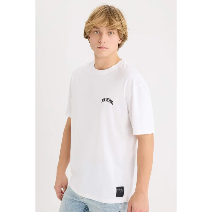 Defacto D5568AXWT34 Beyaz %100 Pamuk Boxy Fit Bisiklet Yaka Baskılı Kısa Kollu Tişört