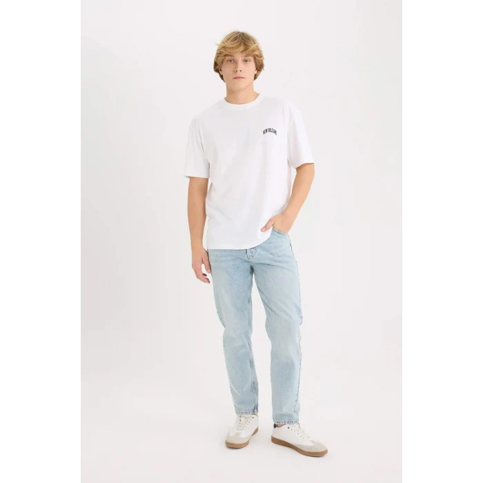 Defacto D5568AXWT34 Beyaz %100 Pamuk Boxy Fit Bisiklet Yaka Baskılı Kısa Kollu Tişört