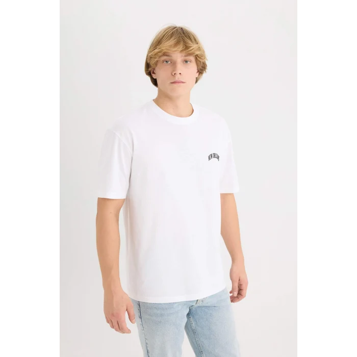 Defacto D5568AXWT34 Beyaz %100 Pamuk Boxy Fit Bisiklet Yaka Baskılı Kısa Kollu Tişört
