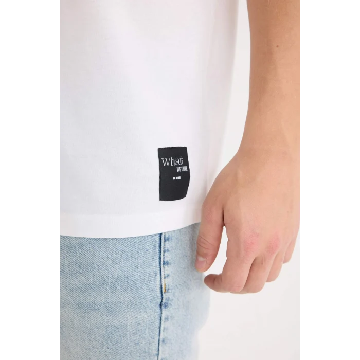 Defacto D5568AXWT34 Beyaz %100 Pamuk Boxy Fit Bisiklet Yaka Baskılı Kısa Kollu Tişört